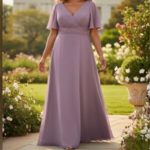 Azazie A20 Dusty Rose Chiffon Bridesmaid Dress Plus Size V-Neck Flutter Maxi Gow